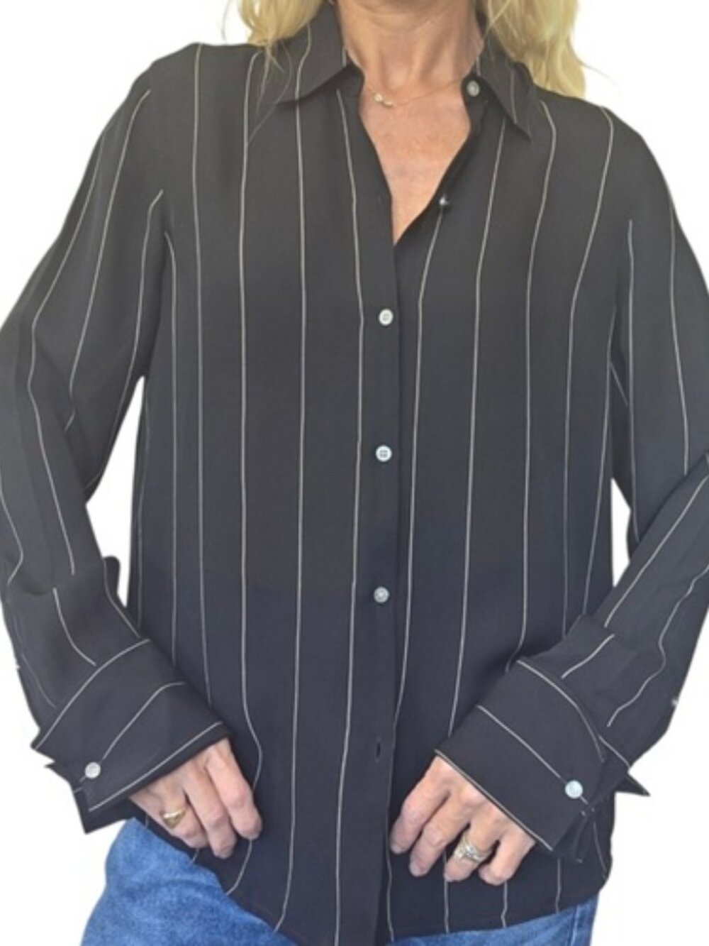 Lauren Ralph Lauren Silk Blouse 8 Black Cream Stripe Button Front Shirt